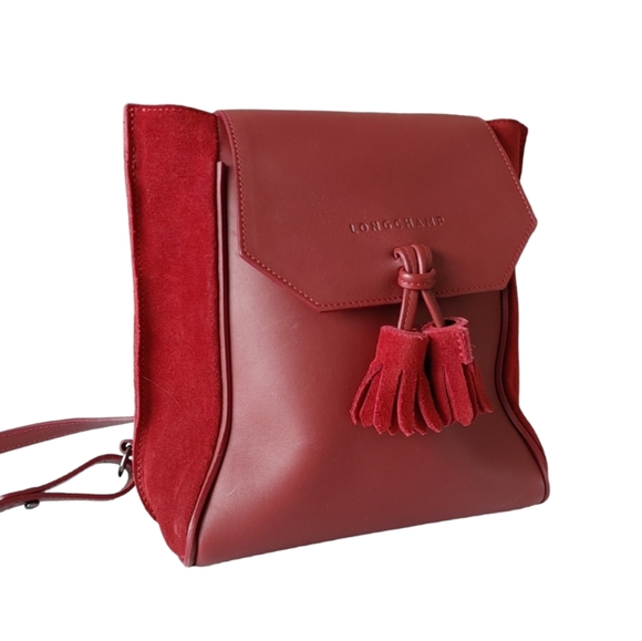 Longchamp Burgundy Suede & Leather Tassel Backpack - Picture 14 of 16